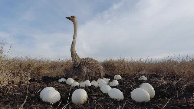 Low wide angle of a Common Ostrich (Struthio camelus) sitting on a clutch of eggs in dry savannah grassland at midday in Kenya