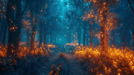 An enchanted forest with glowing trees