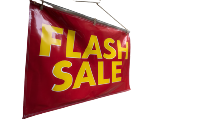 A red flash sale banner with yellow text isolated on transparent background