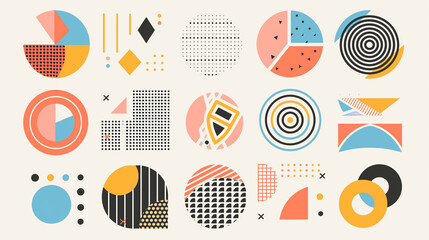 Geometric shapes set. Trendy minimal halftone geometric shapes collection. Memphis design retro elements. Retro funky graphic, 90s trends designs and vintage print elements -