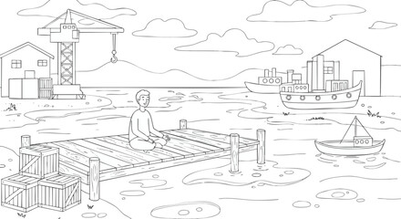 Obraz premium A man meditating on a wooden dock, with boats and industrial landscape in the background