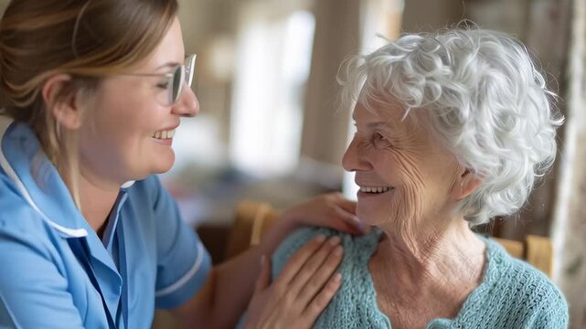A woman in a blue shirt is giving a hug to an older woman who is wearing a blue sweater. The older woman is smiling, and the two women seem to be enjoying each other's company