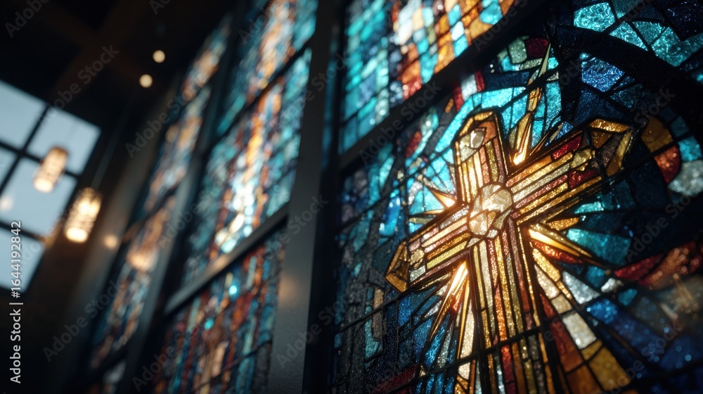 Aufkleber medium shot capturing a detailed ar stainedglass window overlay showcasing dynamic scripture animati