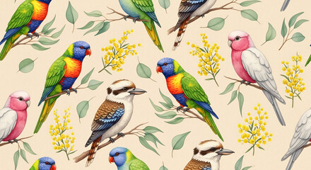 Watercolor Australian birds seamless pattern with rainbow lorikeets, galahs, kookaburras, eucalyptus leaves, and yellow wattle flowers, hand-painted wildlife illustration
