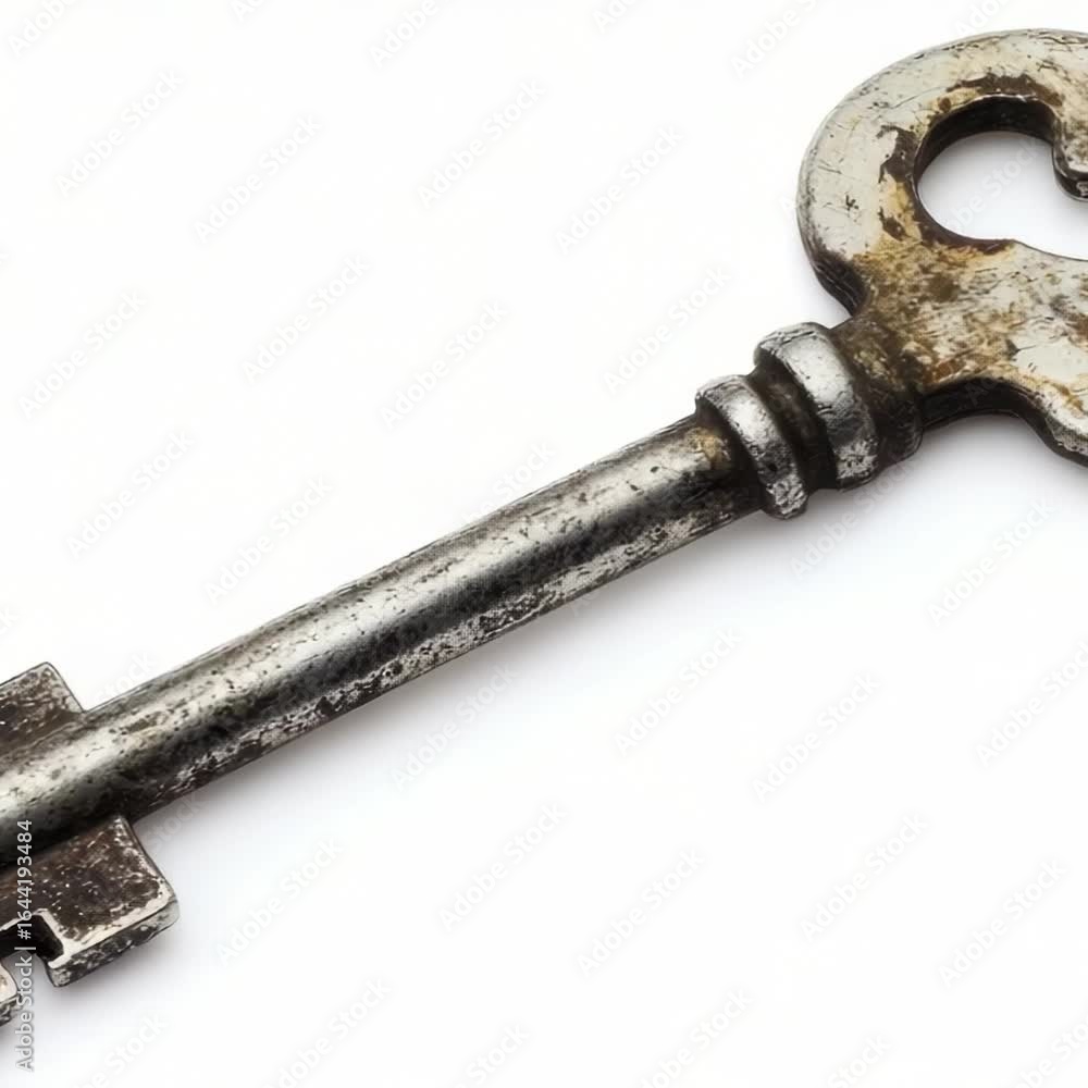 Poster a detailed view of a single key on a white background, suitable for use in editorial or design conte