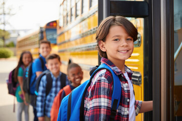 Group of schoolchildren, boarding school bus, back to school moment, happy students, education journey, yellow bus line, early morning routine, diverse kids, academic transportation, smiling boy