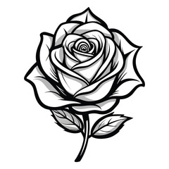 Black and white shaded drawing of a single rose with leaves on white background flower