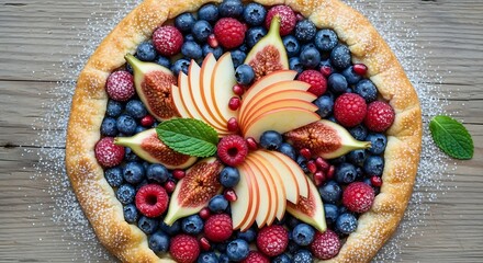 Beautifully decorated homemade rustic fruit galette with a mix of fresh berries, apple, and fig on a wooden surface, top view.