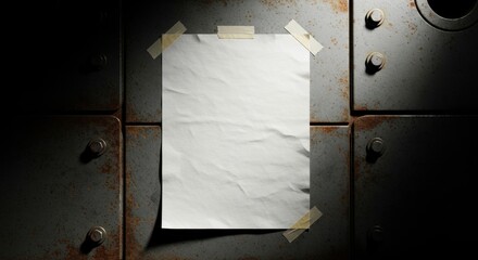 Blank White Paper Taped to Rusty Metal Wall Texture.