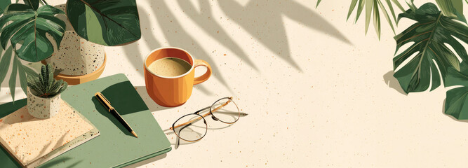 Flat lay illustration of coffee cup, green notebooks, pen, glasses, and plants with leaf shadows on light background. Home office, study time, creative work, morning routine.