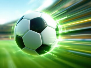 Fototapeta premium A soccer ball with classic black and white pentagonal and hexagonal panels appears to be moving rapidly across a blurred background, with a motion blur effect, accentuated by green and yellow streaks.