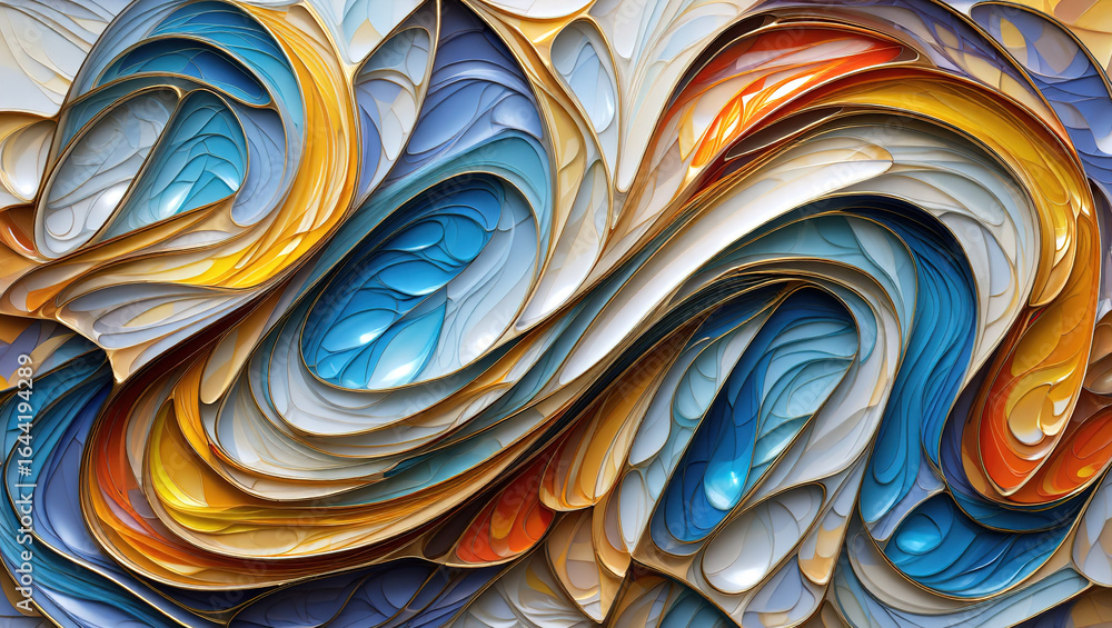 Poster an abstract background of numerous intersecting and intertwining shapes in various shades of blue, p