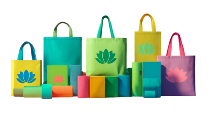 Colorful tote bags with lotus flower design isolated on transparent background