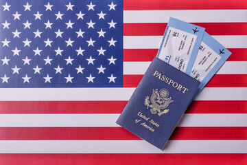 US passport or id document with tickets for flight, travel, border crossing. US passport and tickets