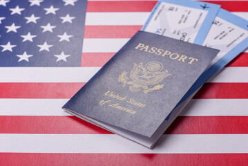 US passport or id document with tickets for flight, travel, border crossing. US passport and tickets