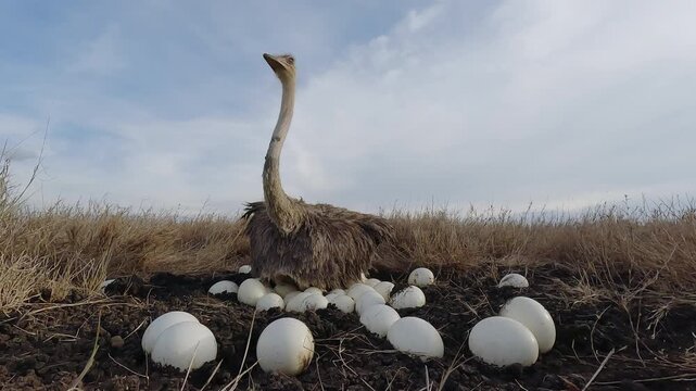 Low wide angle of a Common Ostrich (Struthio camelus) sitting on a clutch of eggs in dry savannah grassland at midday in Kenya