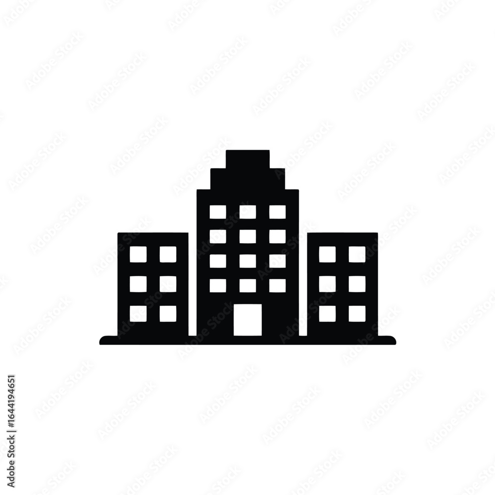 Poster simple three building structure illustrating cityscape architecture with clear window details and mi