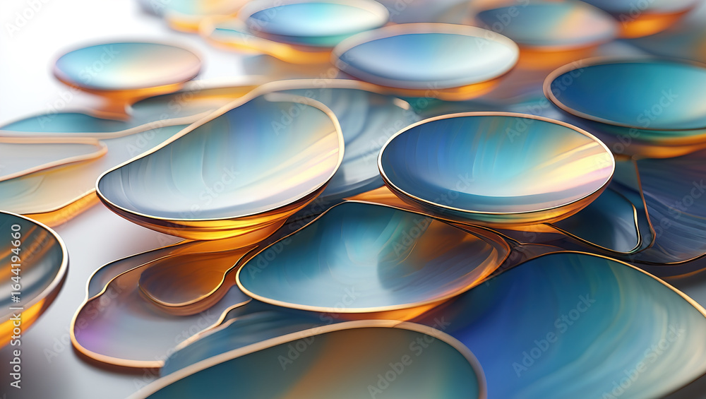Poster an abstract background of numerous intersecting and intertwining shapes in various shades of blue, p