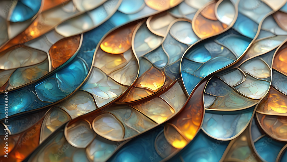 Poster an abstract background of numerous intersecting and intertwining shapes in various shades of blue, p