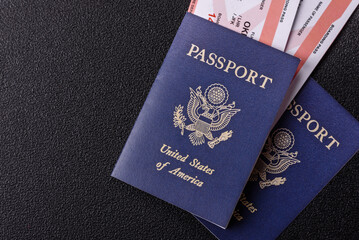 US passport or id document with tickets for flight, travel, border crossing. US passport and tickets