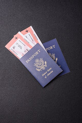 US passport or id document with tickets for flight, travel, border crossing. US passport and tickets