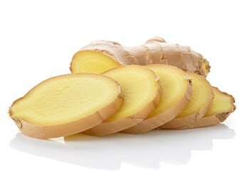 Fresh ginger root sliced and isolated on white background