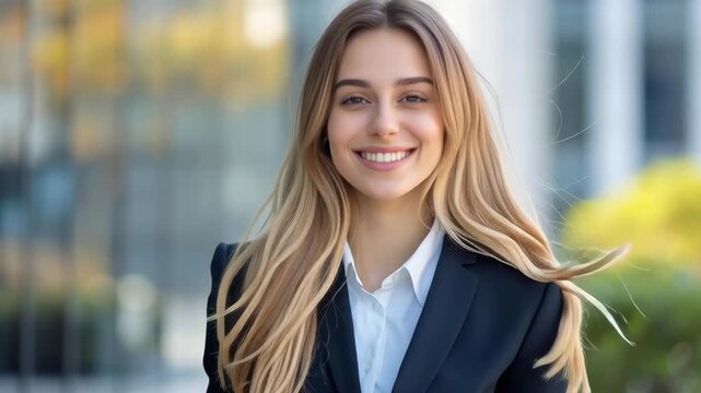 A woman in a business suit is smiling and giving a thumbs up. The image conveys a positive and confident mood, suggesting that the woman is happy and proud of her work or accomplishment