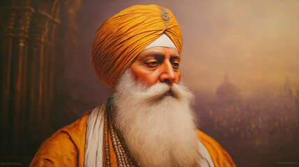 Portrait of an old man with a long white beard wearing a yellow turban and beaded necklace looking down