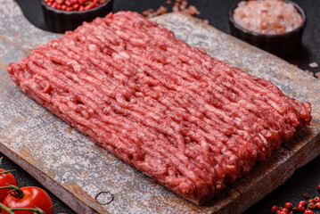 Raw minced beef or pork, ground meat for burgers. Raw minced meat