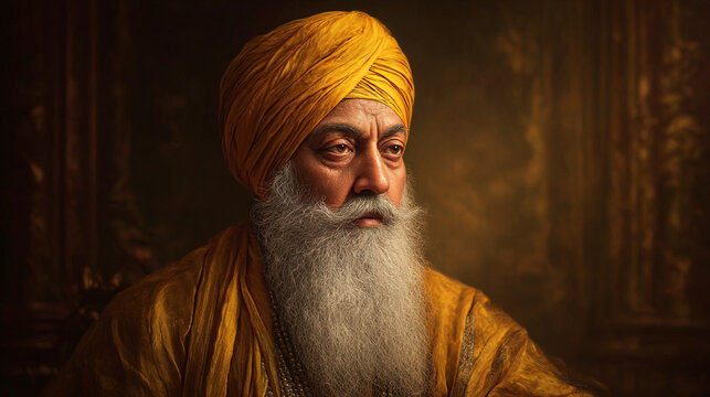 Portrait of a sikh man with a yellow turban and a long white beard in a dark setting indoors looking left