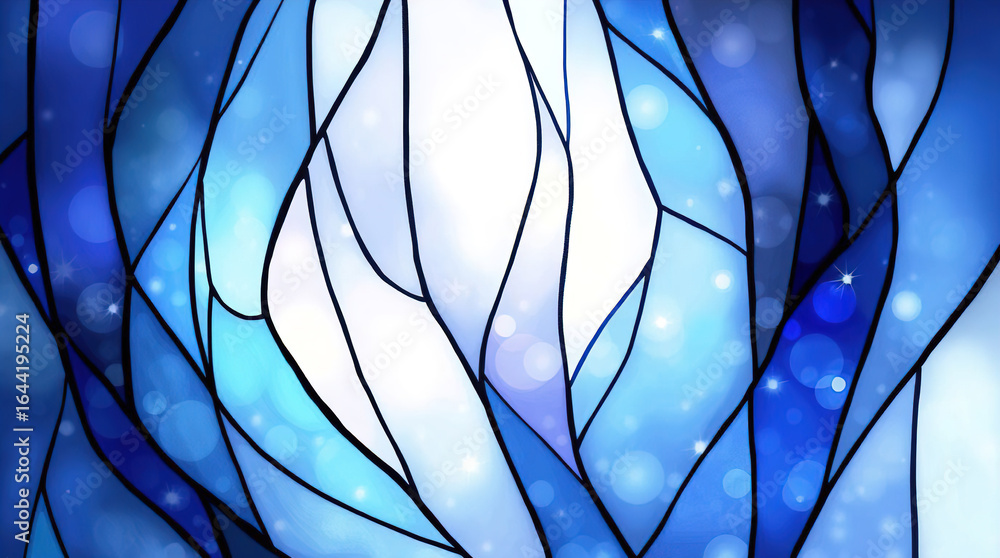 Poster an abstract background of numerous intersecting and intertwining shapes in various shades of blue, p