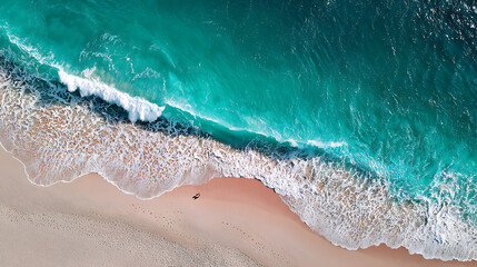 Turquoise ocean waves crashing onto a sandy beach with two people walking image
