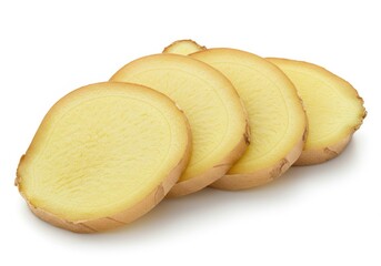 Sliced fresh ginger root isolated on white background