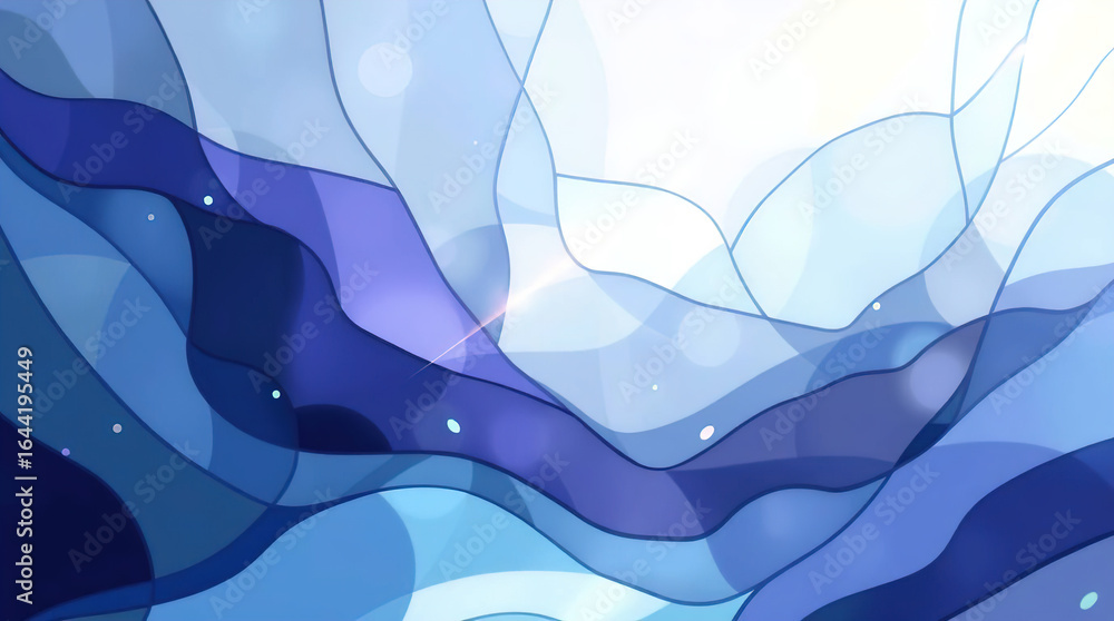 Poster an abstract background of numerous intersecting and intertwining shapes in various shades of blue, p