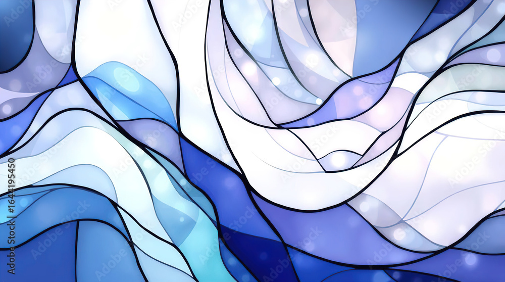 Poster an abstract background of numerous intersecting and intertwining shapes in various shades of blue, p