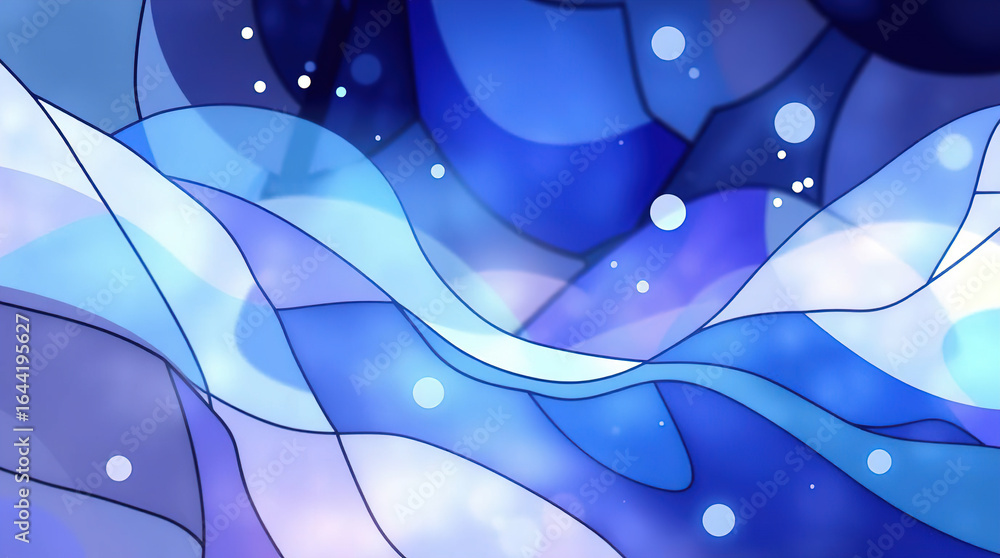 Poster an abstract background of numerous intersecting and intertwining shapes in various shades of blue, p
