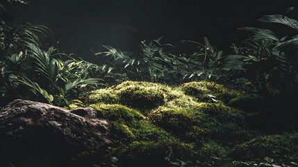Mossy ground with rocks and plants in low light.