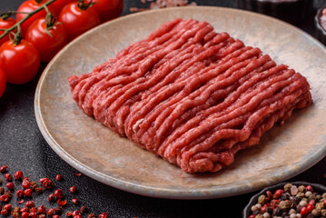 Raw minced beef or pork, ground meat for burgers. Raw minced meat