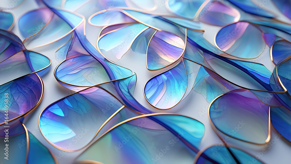 Poster an abstract background of numerous intersecting and intertwining shapes in various shades of blue, p