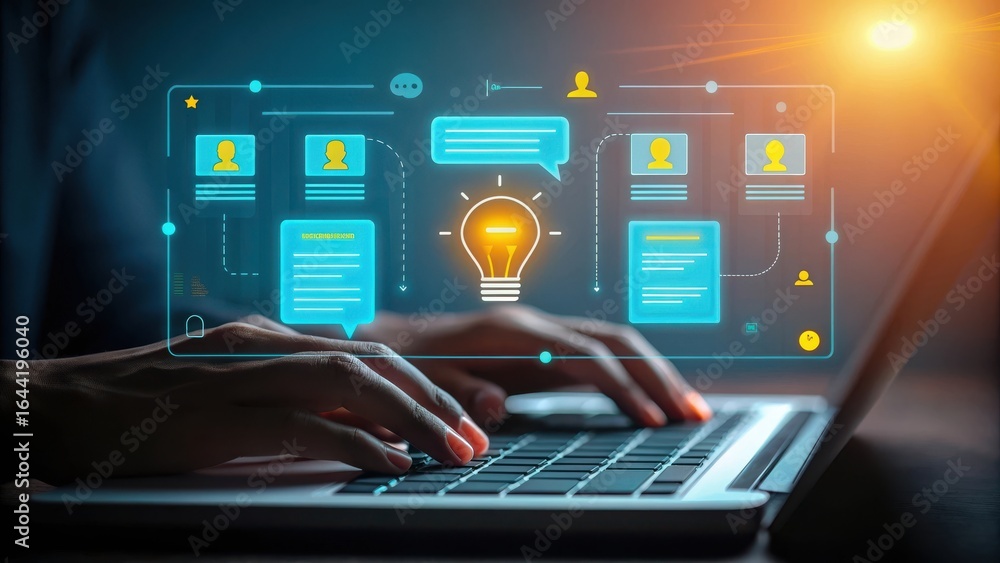 Poster close up of hands typing on a laptop with a glowing digital interface displaying business concepts a