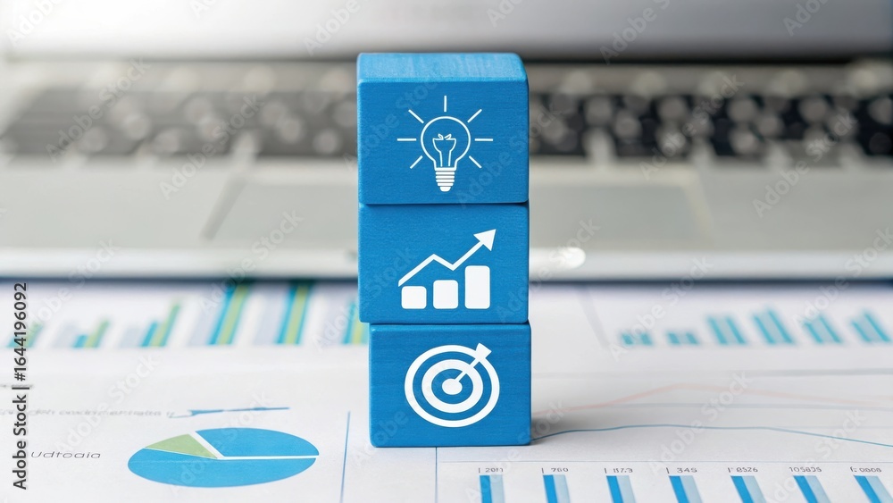 Poster stack of blue cubes with icons representing idea growth and target on financial charts and laptop ke