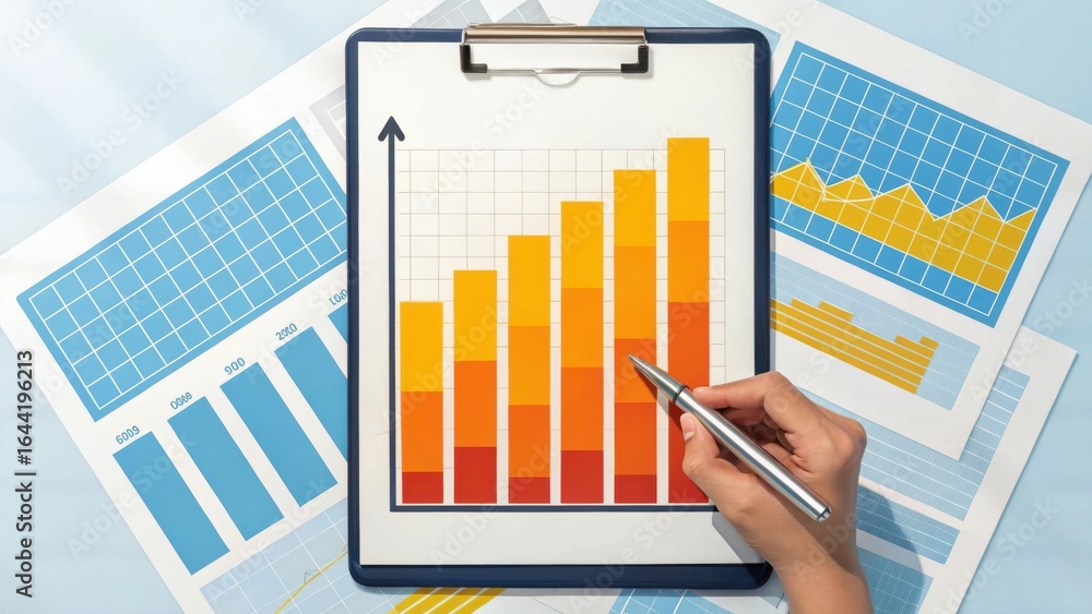 Poster close up of a hand holding a pen pointing at a rising bar graph on a clipboard surrounded by financi