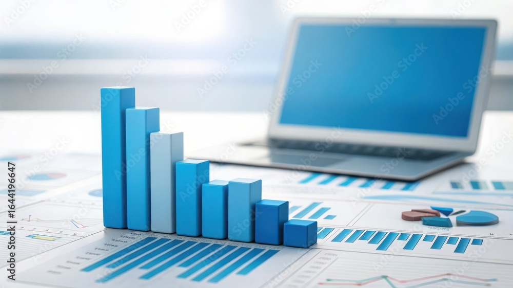 Poster blue bar graph showing a downward trend on a desk with a laptop and financial charts in the backgrou