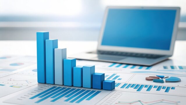 Blue bar graph showing a downward trend on a desk with a laptop and financial charts in the background