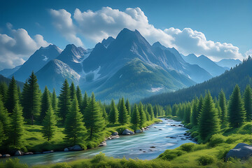 Alpine mountain lake surrounded by snow-capped peaks and green forests under a bright sky