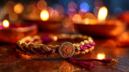 A rakhi bracelet with a decorative center piece and blurred candles in the background on a dark surface