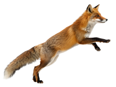 A red fox mid leap with its tail extended on a black background in a studio setting with good lighting