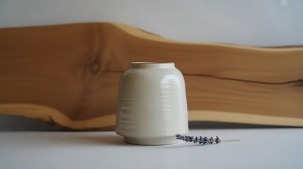 Ceramic Vase and Lavender on White Surface with Wooden Board in Background Calm and Minimalist Design