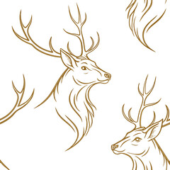 Seamless luxury pattern of minimal continuous line reindeer heads, gold on white, elegant vector, modern design, high-end branding style.
