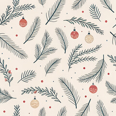 Minimal silhouette pine branches with tiny ornaments, Scandinavian style, neutral background, seamless repeat.
